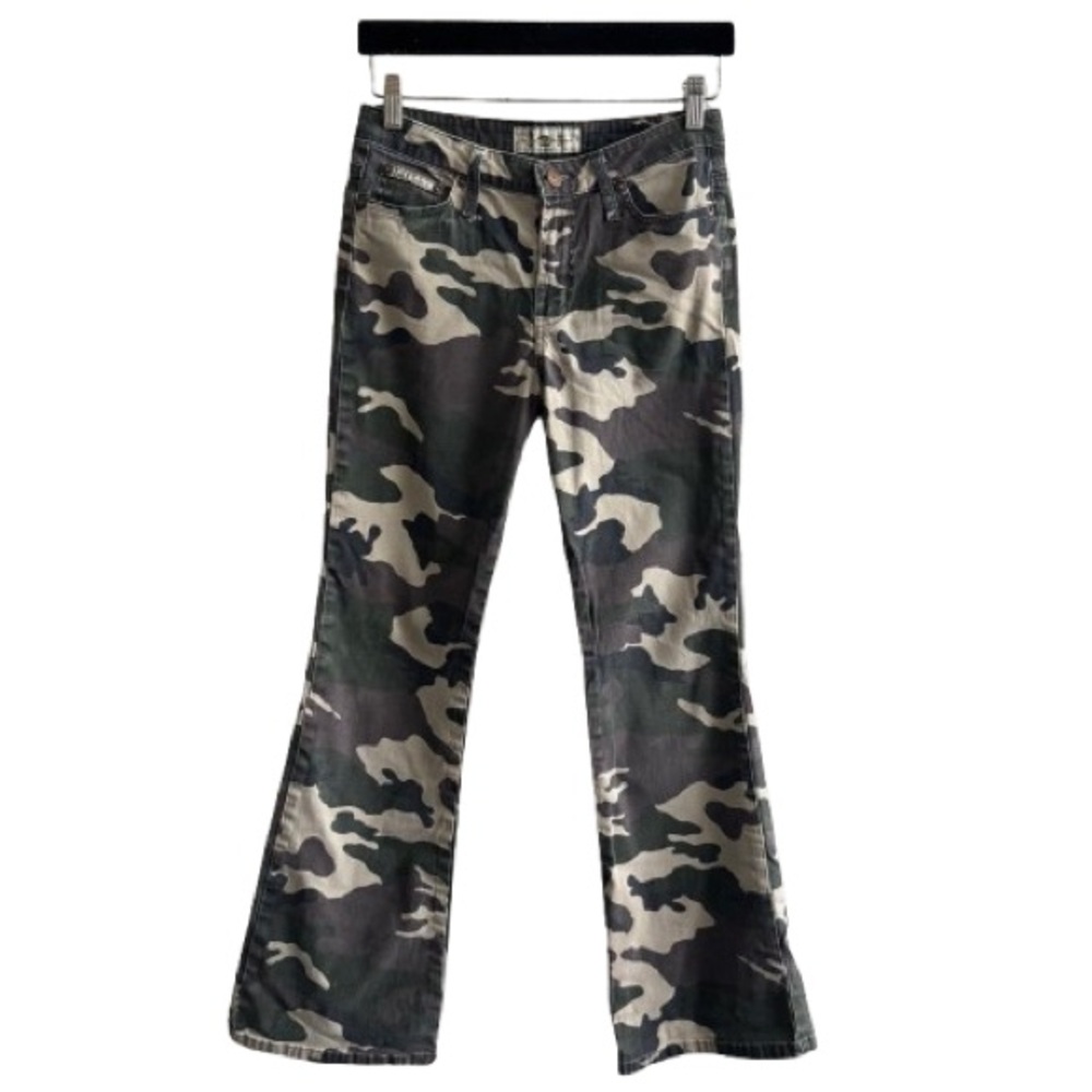 y2k LEI Green Camo Bootcut Flare Pants Distressed Cotton Stretch 00s